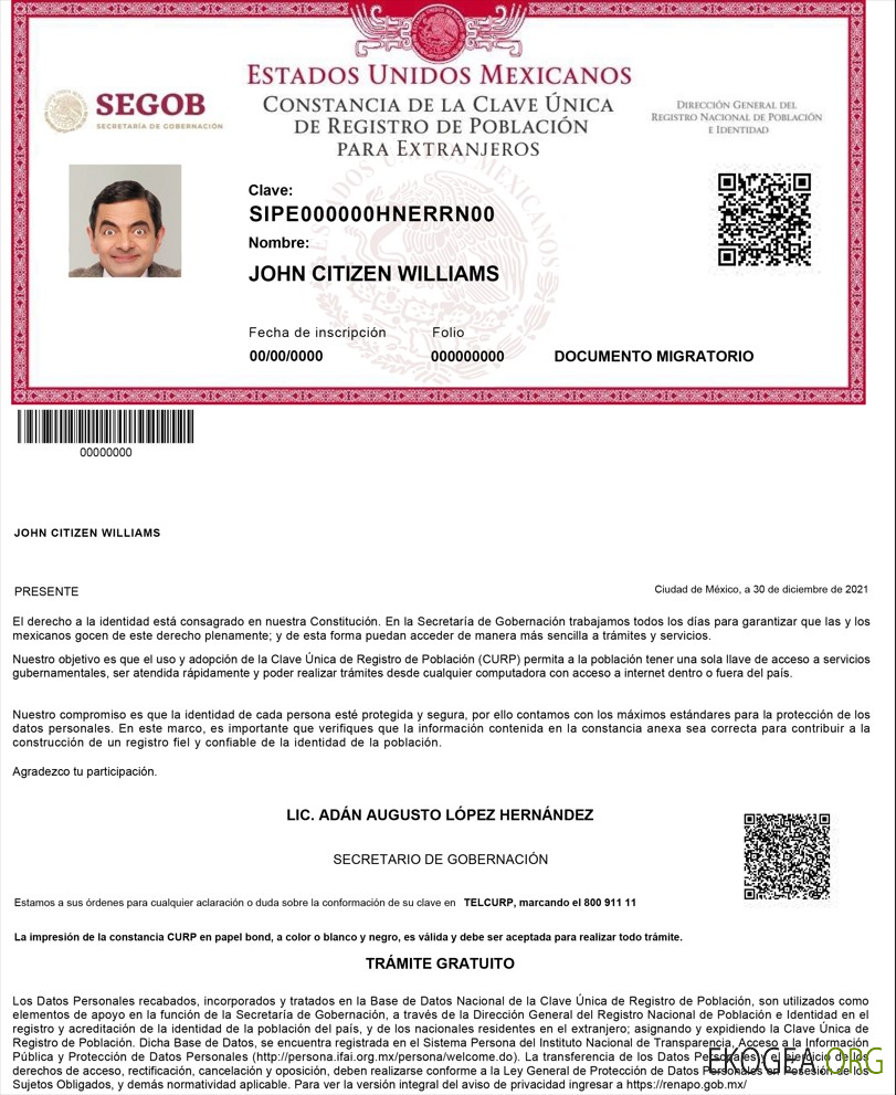 Mexique Registro de Poblacion de Mexico (numéro CURP)